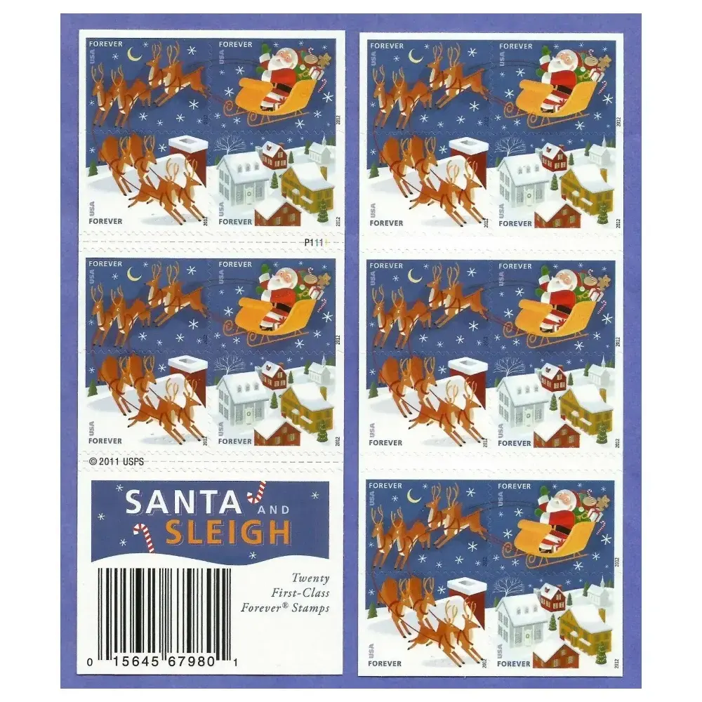 Santa Flying over Town in Sleigh with Reindeer Forever Stamp 2012 - Image 2