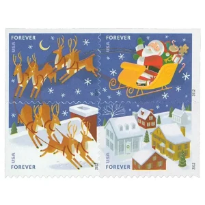 Santa Flying over Town in Sleigh with Reindeer Forever Stamp 2012